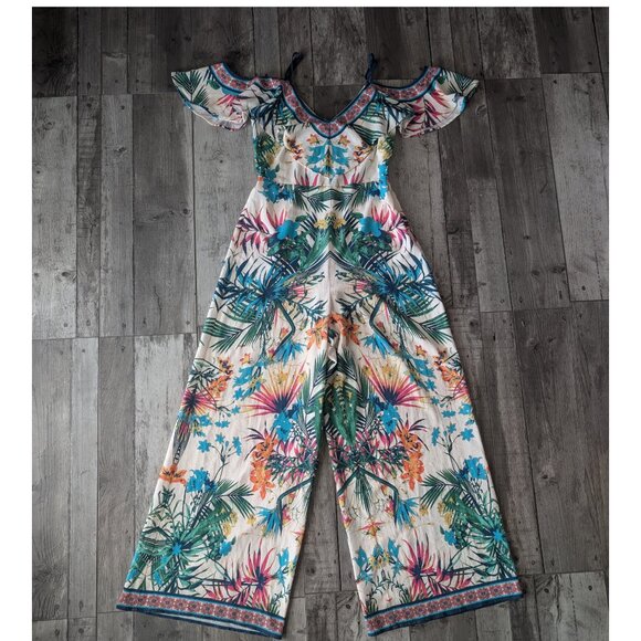 Flying Tomato, Strappy Cold Shoulder Ruffle Pants Romper, Tropical Print, Sz S - Picture 1 of 9